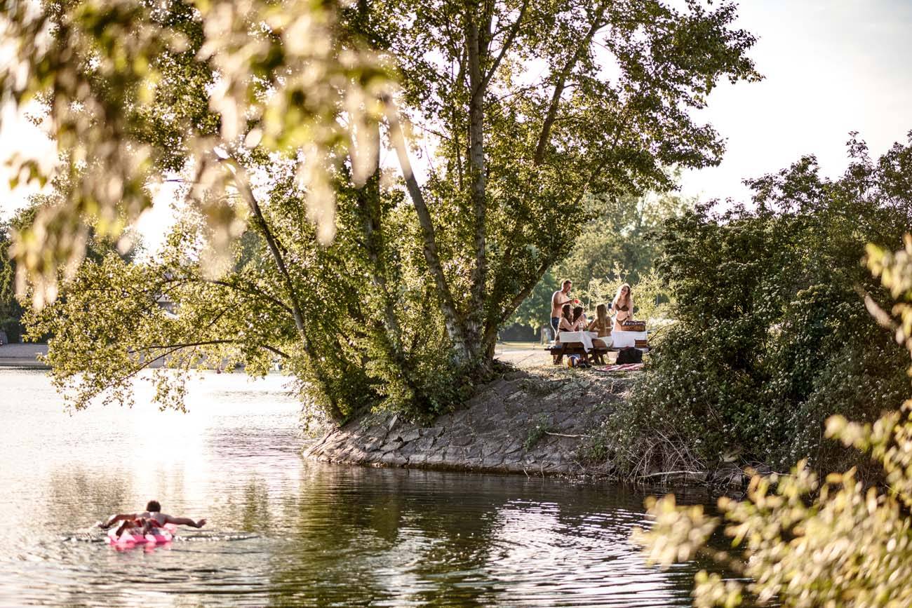 Gifizsee mit Blick auf Picknicktisch und Leute